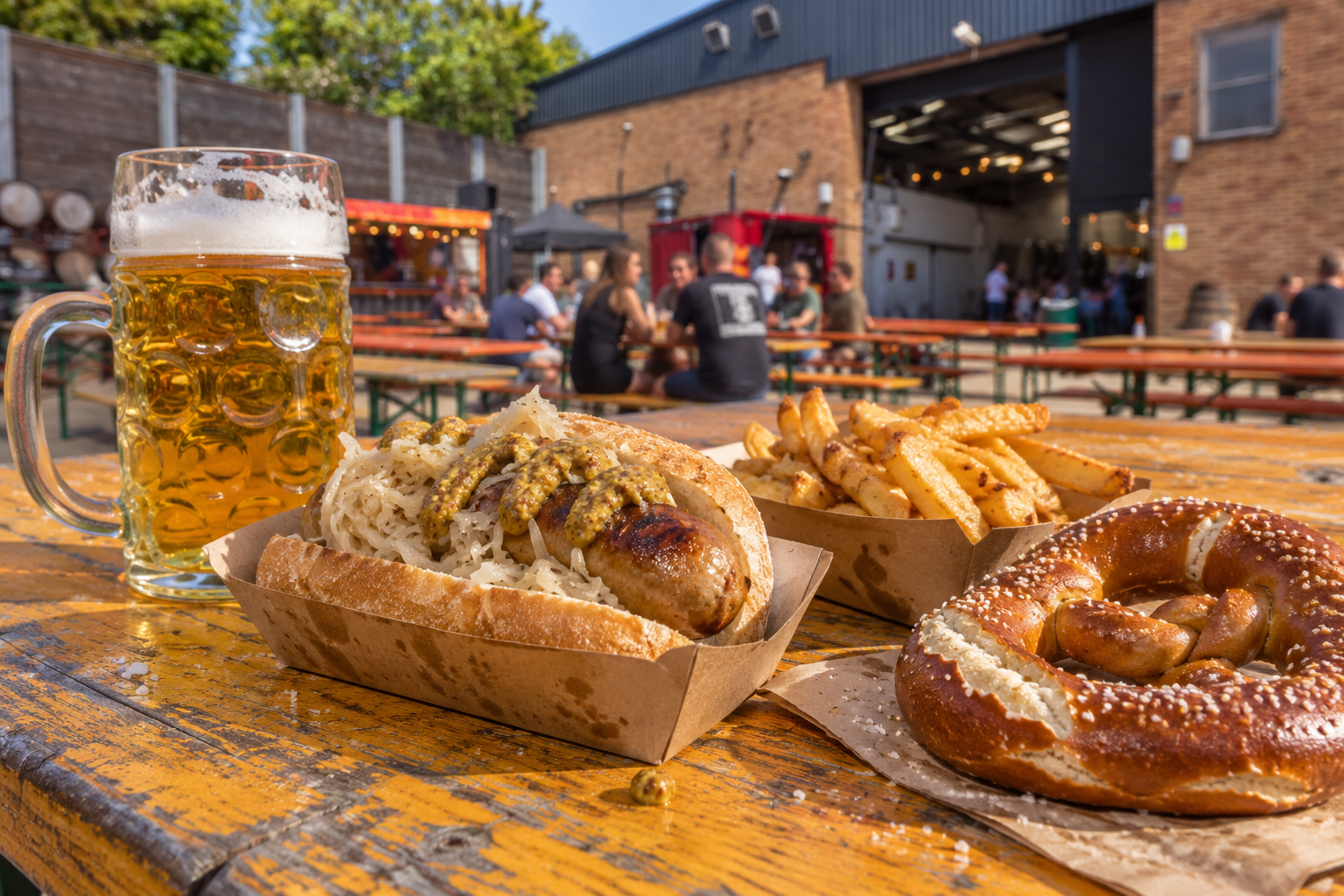 Oktoberfest-style bratwurst, fries and pretzel served with beer